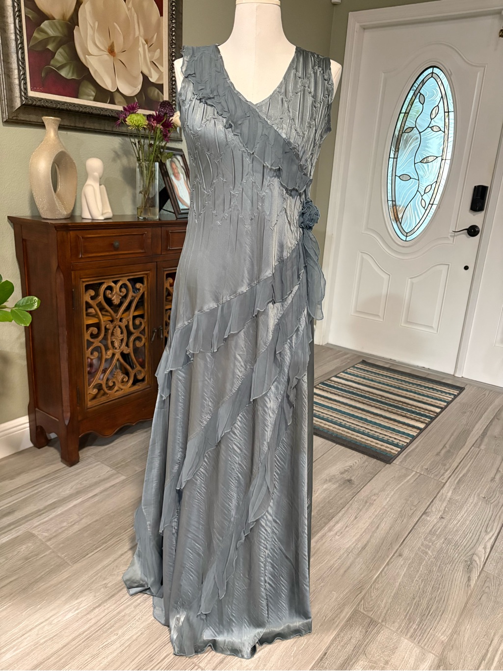 Komarov Slate Blue Ruffle-Detail Sleeveless Maxi Dress